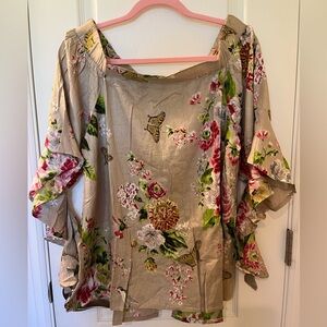 🆕 Magazine Women's Floral Butterfly Top Off the Shoulder Blouse Size L Beige